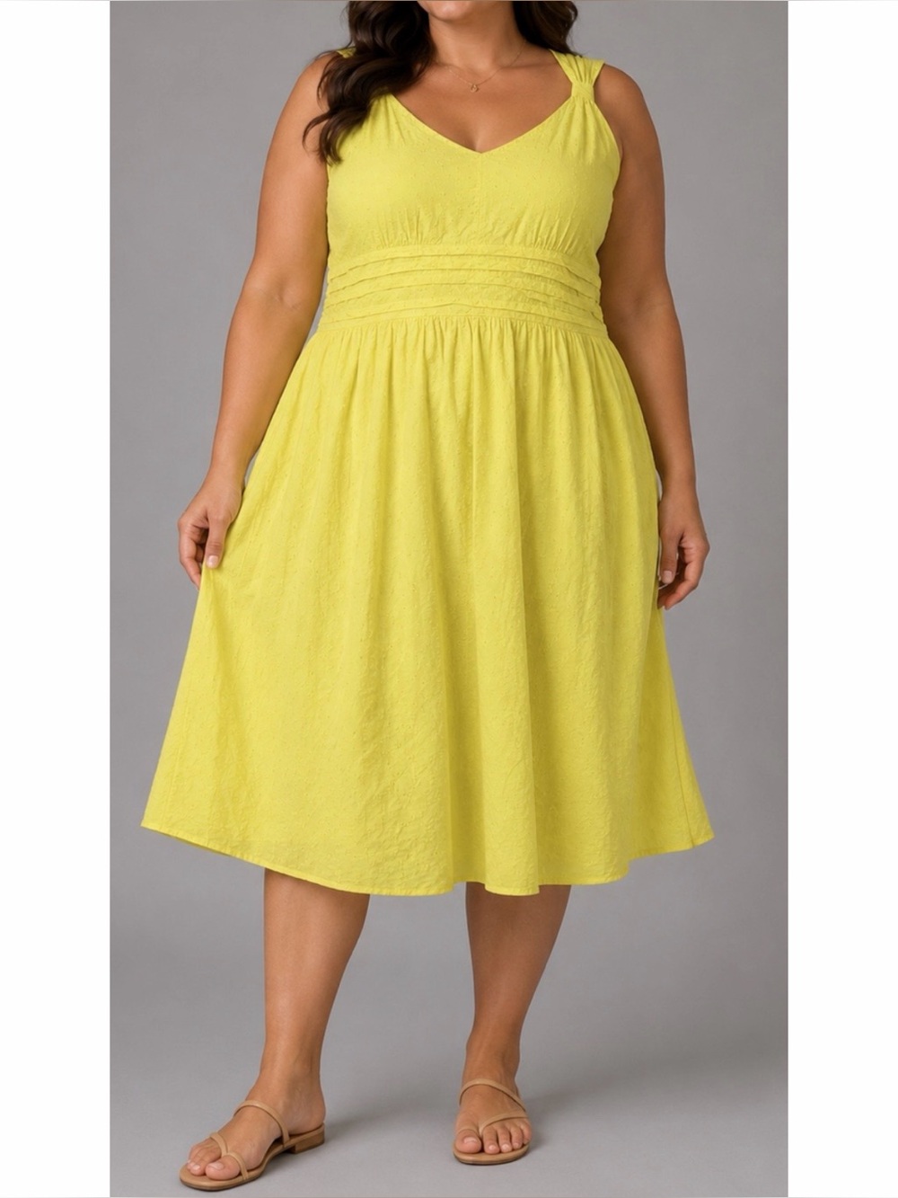(VTG) JL STUDIO • Yellow Floral Embroidered V-Neck Sleeveless Midi Dress, 26W